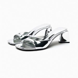 Zara Metallic Silver Block Heel Sandals